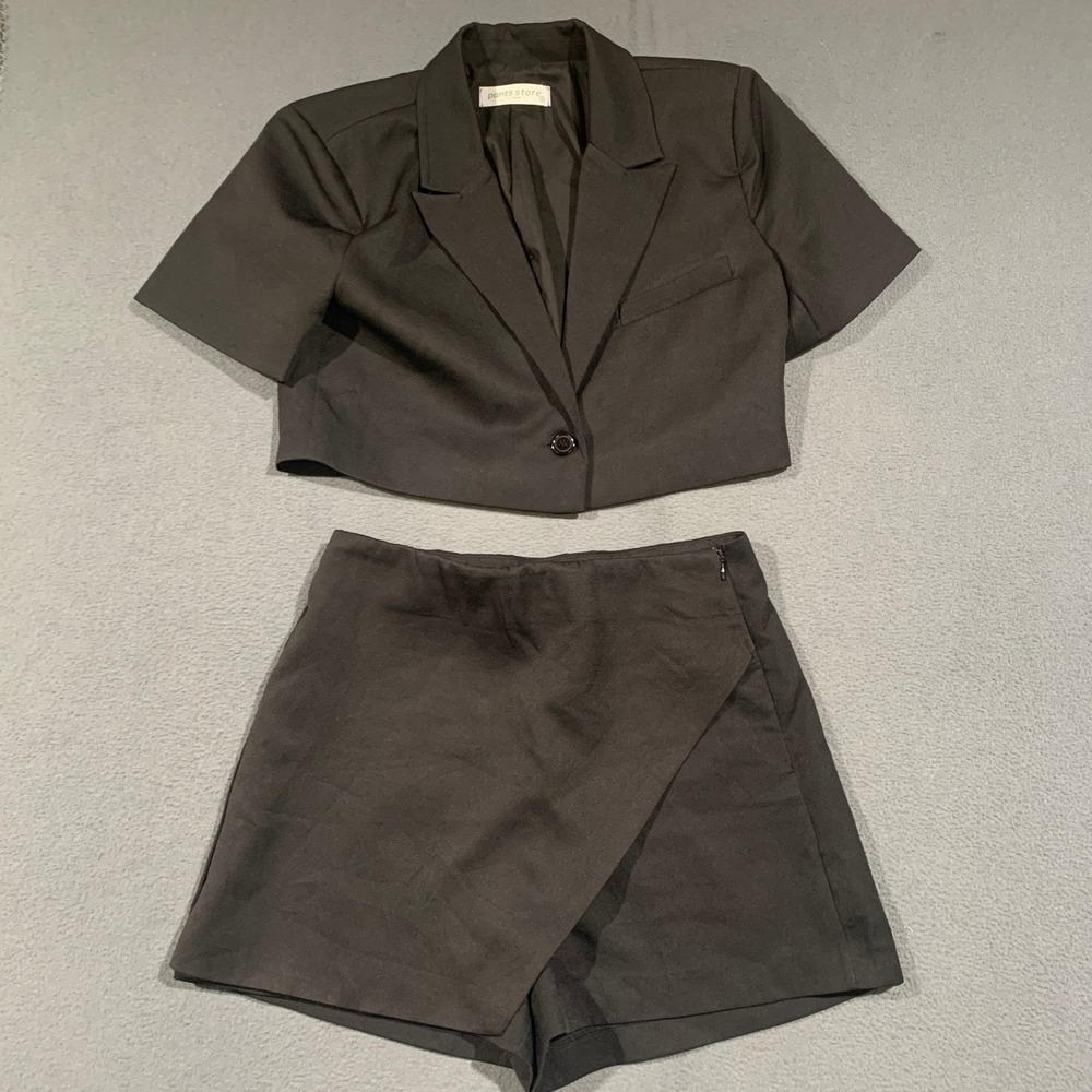 Pants Store Blazer Skort Set Women Small Black Cropped Short Sleeve 2 Piece Suit